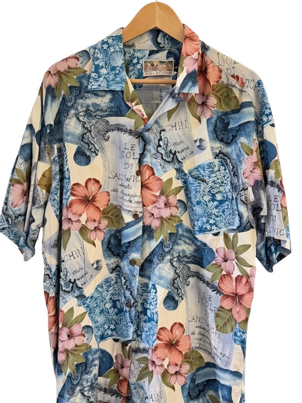 Tori Richard Vintage Made in Hawaii Rayon AlohaTropical Floral Map Print Shirt